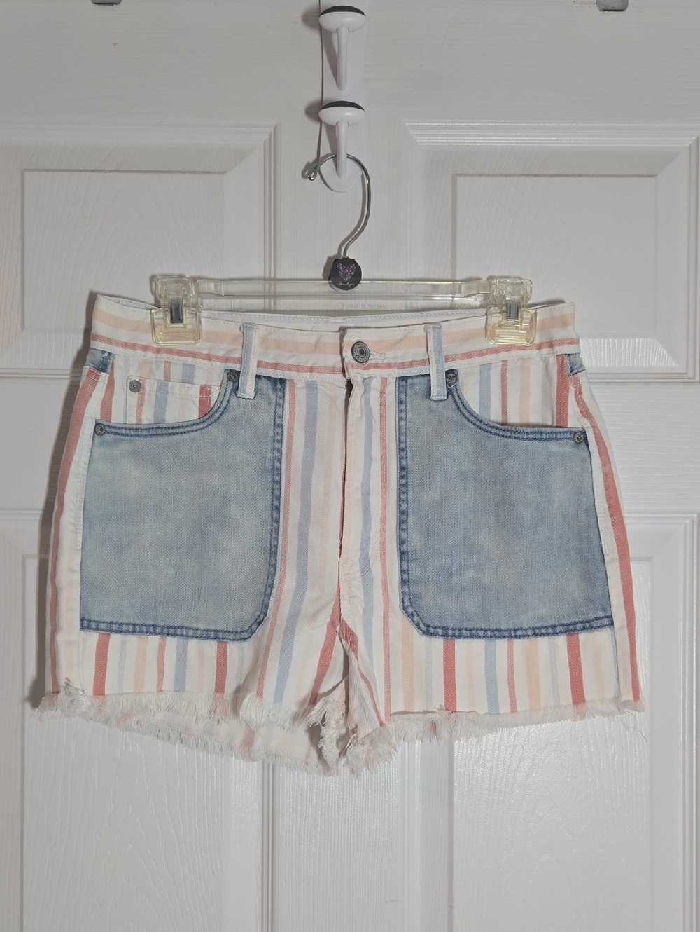 American Eagle Outfitters White Blue Pink Striped Mom Jean Shorts Size 6
